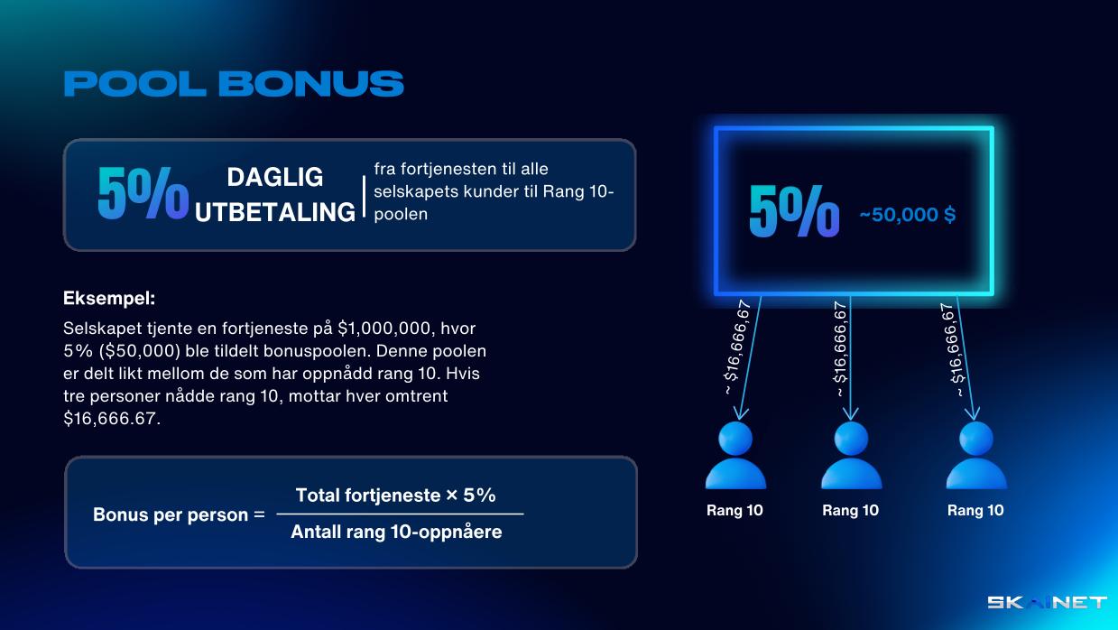 5 % daglig utbetaling fra overskuddet til alle firmakunder til rang 10-poolen.